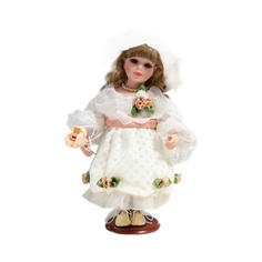 Кукла коллекционная КНР керамика, Шелли в белом платье, шляпе и с розой 30 см