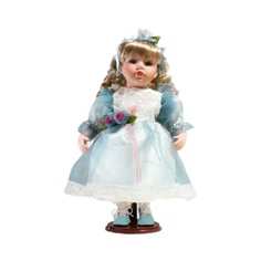 Кукла коллекционная КНР керамика, Флора в бело-голубом платье и лентой на голове 30 см