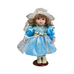 Кукла коллекционная КНР керамика, Наташа в нежно-голубом платье в шляпке 30 см