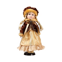 Кукла коллекционная КНР керамика, Лида в золотом платье и бархатной шубке 30 см