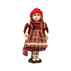 Кукла коллекционная КНР керамика, Марина в бордовом платье в клетку 40 см