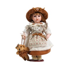 Кукла коллекционная КНР керамика, Сонечка в бежевом платье в горох, с медведем 30 см