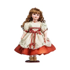 Кукла коллекционная КНР керамика, Оля в платье с цветами и бордовой нижней юбкой 40 см