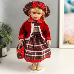 Кукла керамика, Инга в красном, платье горох и клетку 40 см No Brand