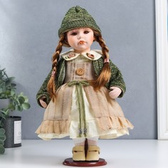Кукла керамика, Василиса в бежевом платье, зеленом жакете 30 см No Brand