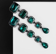 Серьги Queen fair висячие, со стразами, Флюид, малые, бело-изумрудные, в черном металле