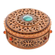 Шкатулка из бересты прорезная с малахитом и янтарем Russia The Great