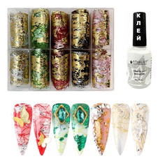 Набор: Переводная ажурная фольга для дизайна ногтей литья разноцветная + клей Starlet Professional