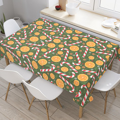 Водоотталкивающая скатерть на стол JoyArty Апельсины и карамельные трости 145x180 см