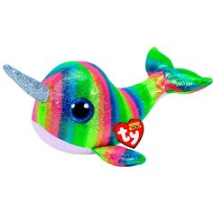 Мягкая игрушка TY Beanie Boos Разноцветный блестящий кит с рогом 15 см, 36216