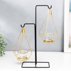 Подсвечник металл, стекло на 2 свечи "Пирамида в треугольнике" чёрный 36х11х15 см No Brand