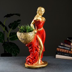 Фигура с кашпо "Девушка с корзиной" бронза красный, 1л / 30х64х32см Хорошие сувениры