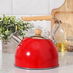 Чайник со свистком Wood, 2,5 л, ручка дерево, индукция, цвет красный No Brand