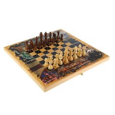Настольная игра 3 в 1 "Россия и Америка": шахматы, шашки, нарды (доска дерево 50х50 см) No Brand