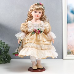 Кукла коллекционная керамика "Нина в карамельном платье, в цветочном венке" 40 см No Brand