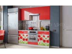 Кухня МДФ 1600 с фотопечатью Маки, белые столы Миф