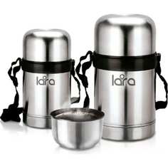 Стальной термос Lara 500 мл, ШИРОКАЯ ГОРЛОВИНА, КЛАПАН, ремешок, 2-е стенки, крышка-чашка