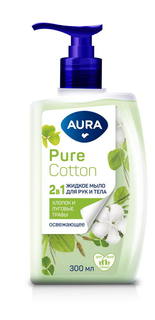 Мыло AURA Pure Cotton Хлопок и луговые травы , 2в1 для рук и телафлакон, жидкое 300мл 4752
