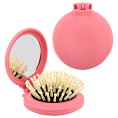 Расческа для волос с зеркалом LADY PINK, с деревянными зубчиками, розовая