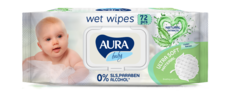 Влажные салфетки детские AURA BABY 0+ с ромашкой big-pack с крышкой, 72 шт.