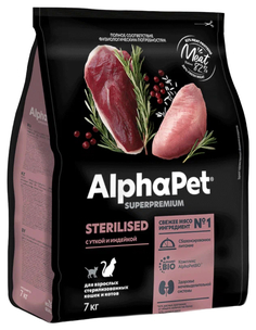 Сухой корм для кошек ALPHAPET SUPERPREMIUM STERILISED, утка, индейка, 7кг