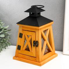 Подсвечник дерево на 1 свечу Фонарь трапеция коричневый желтый 20,5х12,5х12,5 см No Brand