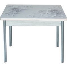 Стол обеденный Катрин Симпл поворотно раскладной, с фотопечатью, бетон белый, цветы на сером, опора круглая серебристый металлик Katrin