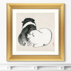 Репродукция картины в раме black and white puppies, 1883г. (картины в квартиру) черный 60x60 см.