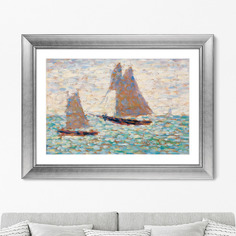 Репродукция картины в раме two sailboats at grandcamp , 1885г (картины в квартиру) бирюзовый 80x60 см.
