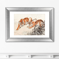 Репродукция картины в раме tigers in bush , 1905г. (картины в квартиру) оранжевый 70x50 см.