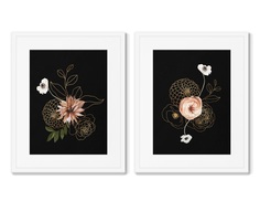 Набор из 2-х репродукций картин в раме golden flowers, no2 (картины в квартиру) черный 42x52 см.