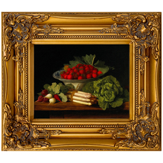 Репродукция картины натюрморт с клубникой и редиской, спаржей и кочаном салата, лежащим на деревянном столе (object desire) золотой 34x39x4 см.