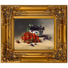 Репродукция картины натюрморт с клубникой и полевыми цветами (object desire) золотой 34x39x4 см.