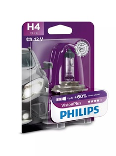Галогенная лампа Philips H4 (60/55W 12V) +60% VisionPlus (блистер) 1шт 12342VPB1