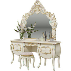 Стол туалетный Мэри Людовик СЛ-05 с зеркалом СЛ-06, пуф СЛ-07, цвет слоновая кость/золото Meri