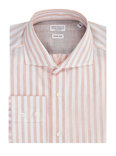 Рубашка из хлопка и льна с принтом в полоску Brunello Cucinelli