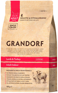 Сухой корм для кошек Grandorf Indoor, для домашних, ягненок, индейка, 0,4кг