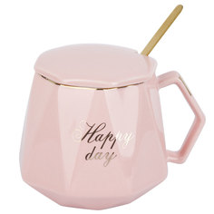 Кружка фарфоровая с крышкой и ложкой Happy day (розовая) v=420 мл KENG-1060061-4 Nouvelle