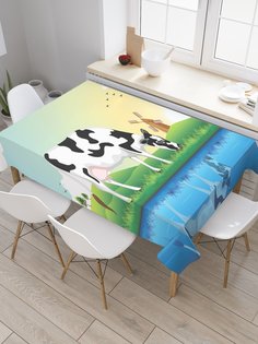 Скатерть прямоугольная JoyArty "Коровка и ветряная мельница" из сатена, 120x145 см