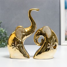 Сувенир керамика "Золотые слоны - роспись цветы" набор 2 шт 14,5х6х12 см 22х6,5х12,5 см No Brand