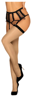 Стильные чулочки под пояс с контрастной коронкой Obsessive телесные S-M