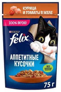 Влажный корм Felix Аппетитные кусочки с курицей и томатами в желе для кошек 75 г