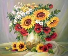 Алмазная мозаика картина стразами Букет из подсолнухов, маков и ромашек, 40х50 см No Brand