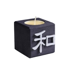 Свеча в деревянном подсвечнике "Куб, Иероглифы. Гармония", эбен, аромат манго No Brand