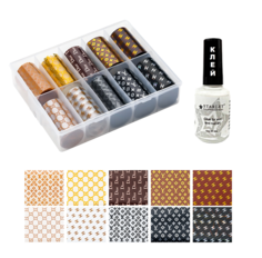 Набор BYFASHION: Переводная фольга для дизайна ногтей литья Бренды + клей