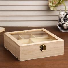 Шкатулка дерево для росписи для мелочей со стеклянной вставкой 20х20х6,5 см No Brand