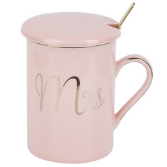 Кружка фарфоровая с крышкой и ложкой Mrs (розовая) v=380 мл KENG-1060062-1 Nouvelle