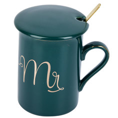 Кружка фарфоровая с крышкой и ложкой Mr (серая) v=380 мл KENG-1060062-2 Nouvelle