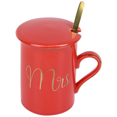 Кружка фарфоровая с крышкой и ложкой Mrs (розовая) v=340 мл KENG-1060064-2 Nouvelle