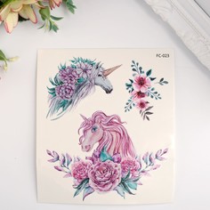 Татуировка на тело цветная "Единороги и цветы" 12х10,5 см No Brand